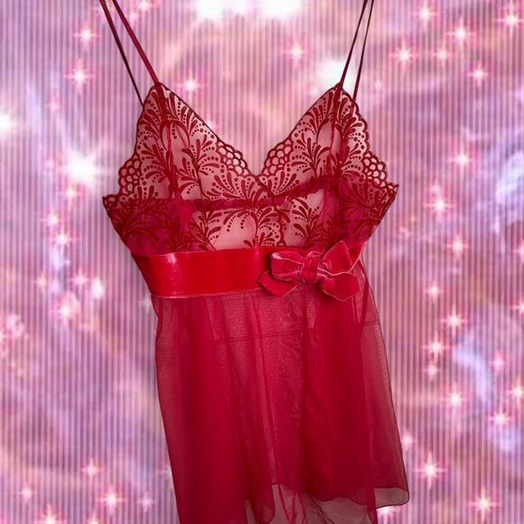 Y2K Victoria's Secret Red Velvet Bow Micro Mesh Slip Nightwear - Picture 2 of 6
